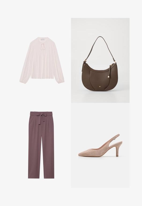 Lyserød bluse med lange ærmer, nøglehul-krave, plisseret front og samlede manchetter. Glat stof, afslappet pasform og minimalistisk design.; Plumfarvede bukser med bred benstørrelse, bæltet talje, plisseret front og glat tekstur. Har sidelommer og skræddersyet design.; Slingback højhælet sko i blød beige ruskind, spids tå, slank hæl og justerbar ankelrem med en rund spænde.; Brun læder skuldertaske med en buet form, prydet med en lille detalje i guld og en tekstureret overflade, og med lynlåslukning.