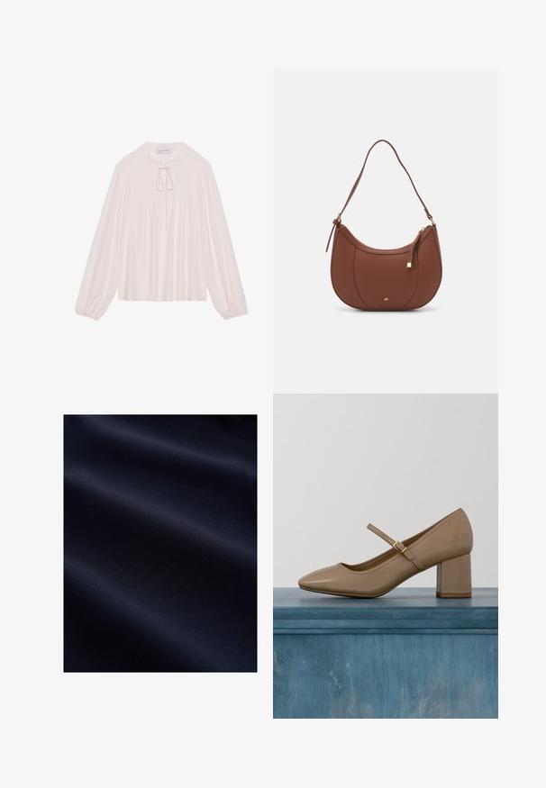 Lyserød bluse med lange ærmer, nøglehul-krave, plisseret front og samlede manchetter. Glat stof, afslappet pasform og minimalistisk design.; Mørk navyblåt glat stof med bløde folder og subtil tekstur, der antyder et let og fint materiale.; Beige læderpumpe med blokhæl, rundet tå og en dekorativ strop med en gylden spænde. Glat tekstur, minimalistisk design.; Brun faux læder skuldertaske med buet form, minimal syning og en guldtonet hardwaredetalje. Har en top lynlåslukning og justerbar rem.