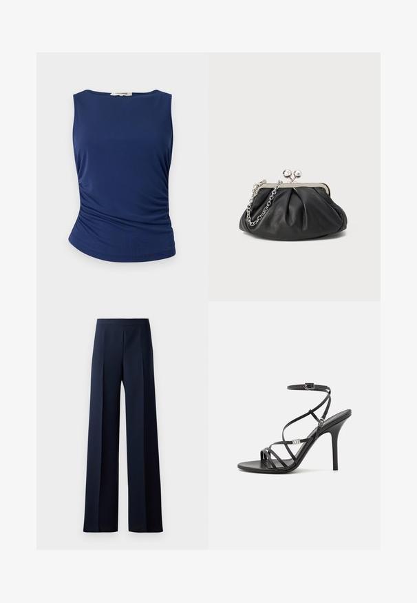 Haut sans manches bleu marine en tissu lisse et extensible. Présente des détails froncés sur les côtés et un ourlet arrondi pour une silhouette ajustée.; Pantalons à jambes larges en tissu bleu marine foncé, dotés d'une texture lisse, de plis avant discrets et d'une taille ajustée pour une silhouette épurée.; Sandale noire à talons hauts avec des brides fines, une boucle à la cheville, une surface en cuir lisse et un talon aiguille élancé.; Porte-monnaie en cuir noir avec texture froncée, cadre en métal argenté, fermeture à verrouillage kiss-lock et bandoulière en chaîne. Surface lisse et douce.