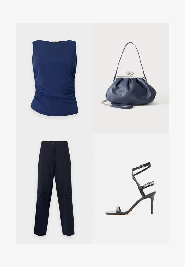 Haut sans manches bleu marine en tissu lisse et extensible. Présente des détails froncés sur les côtés et un ourlet arrondi pour une silhouette ajustée.; Pantalons cargo de la marine, fabriqués en matériau tissé, comprenant deux poches latérales, une fermeture à bouton et un design à jambe droite.; Sandale noire à talon haut avec fine bride à la cheville, bride médiane décorée de maillons de chaîne argentés, et design à bout ouvert.; Sac à main en cuir bleu marine doux avec fermeture à boucle argentée, une seule bandoulière, et une chaîne de poignet amovible sur fond blanc.