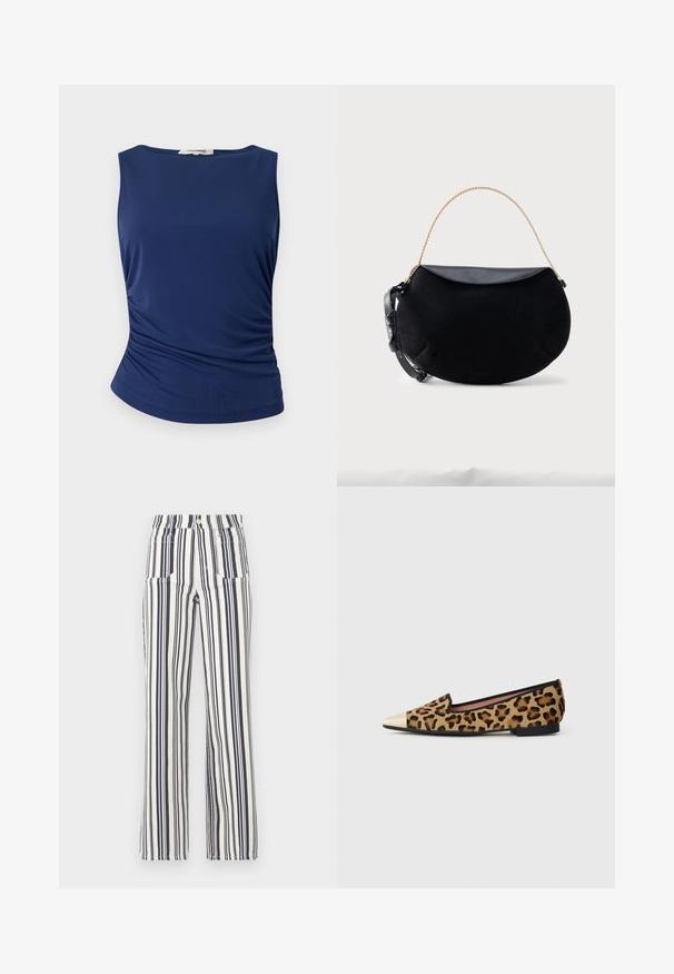 Haut sans manches bleu marine en tissu lisse et extensible. Présente des détails froncés sur les côtés et un ourlet arrondi pour une silhouette ajustée.; Pantalon rayé en bleu marine et blanc, présentant une taille haute et des jambes larges, fabriqué dans un tissu léger avec une texture douce.; Chaussure plate à imprimé léopard avec un bout pointu, des bordures noires et un embout doré métallisé. Texture douce avec un petit talon noir.; Sac à main noir en forme de croissant avec rabat en cuir lisse, anse chaîne dorée et sangle en cuir noir réglable sur fond blanc.