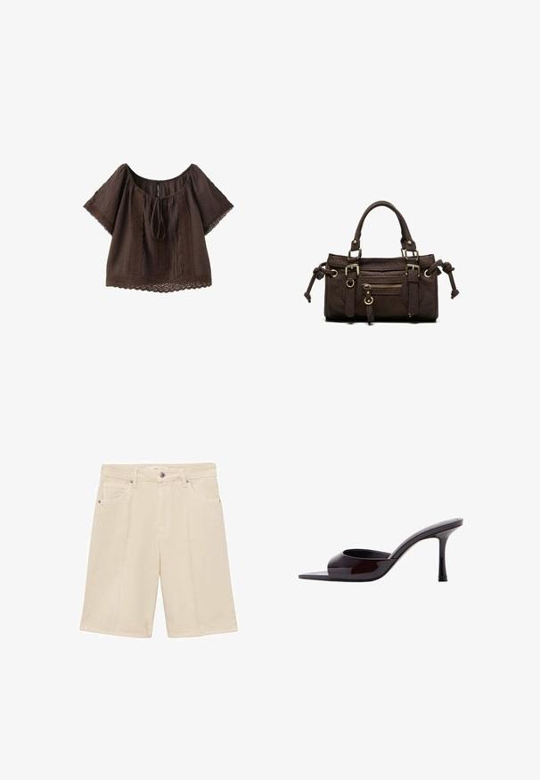 Brun kortærmet bluse med blondetrim på ærmer og kant, bindebånd foran ved bred halsudskæring og lodrette blonde detaljer på frontpanelet.; Beige bomuldsshorts med lynlås og knappelukning. Har fem lommer og subtile syninger. Regulær pasform og knælang design.; Sort laklæder mule med åbent tåparti, slank mellemhøj stilethæl og lavt skåret overskrivebånd.; Mørkebrun læderhåndtaske med dobbelte håndtag, forreste lynlåslomme, dekorative spænder og sideknuder på hvid baggrund.
