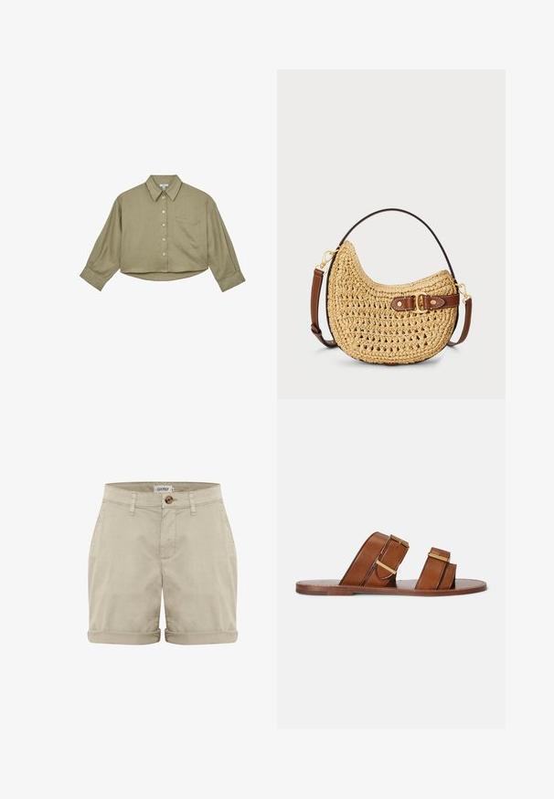 Chemise courte boutonnée vert olive avec manches longues, poche poitrine et col classique.; Shorts en coton beiges avec un ourlet retroussé, dotés d'une fermeture à bouton sur le devant et de poches cousues. Texture lisse avec des détails minimes.; Sandales mules en cuir marron avec deux brides réglables, boucles dorées et semelle plate en bois.; Sac hobo en paille tissée avec une forme courbée, une sangle en cuir marron avec une boucle et une couleur beige naturel. Surface texturée avec des coutures visibles.