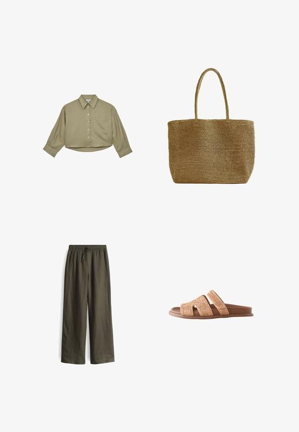 Olijfgroene cropped blouse met knopen, lange mouwen, borstzak en een klassieke kraag.; Olijfgroene, losse broek met een elastische tailleband en trekkoord, voorzien van zijzakken en een lichtgewicht, gestructureerde stof.; Platte bruine slidesandaal met twee brede geweven banden en een gevoerde zool, van opzij getoond op een witte achtergrond.; Geweven draagtas van natuurlijke vezels met twee lange handvatten, rechthoekige vorm en een open bovenkant, geschikt om spullen te dragen.