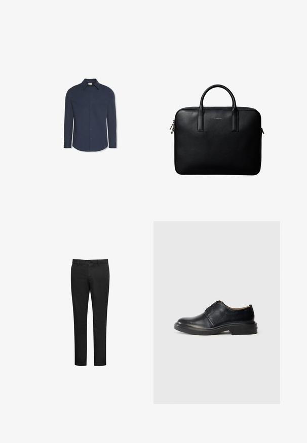 Camisa azul marino de manga larga con botones, cuello y puños, con una etiqueta de Calvin Klein dentro del cuello.; Pantalones negros fabricados con una mezcla de algodón, con un diseño de corte ajustado, parte delantera plana y cierre con botón. Sin patrones ni detalles visibles.; Zapato oxford de cuero negro con punta redonda, cordones en la parte frontal y tacón bajo y apilado sobre un fondo claro y liso.; Maletín de cuero negro texturizado con doble asa y tiradores de cremallera plateados, centrado sobre fondo blanco.
