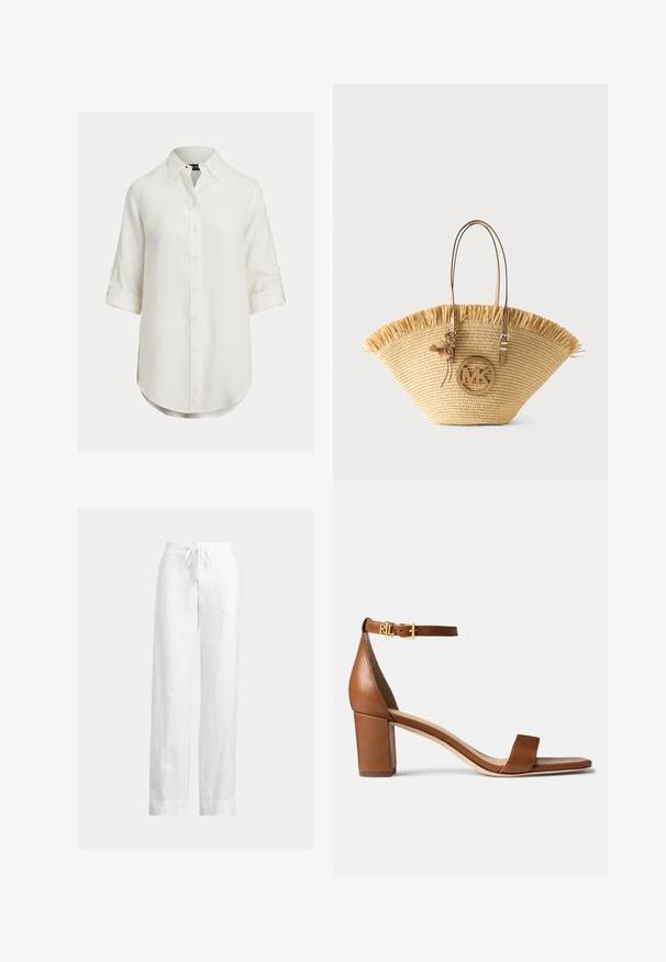 Wit linnen overhemd met een button-down ontwerp, lange mouwen opgerold, afgeronde zoom en een klassieke kraag. Subtiele textuur, zachte stof.; Witte linnen broek met een taillekoord, wijde pijpen en twee zijzakken. Gladde textuur met een lichte, luchtige uitstraling.; Lauren Ralph Lauren LOGAN BURNISHED LEATHER SANDAL - Sandalen - deep saddle tan; Grote geweven strooien tas met lichtbruine leren handvatten, franjes aan de bovenkant en een ronde MK-logo hanger aan de voorkant.