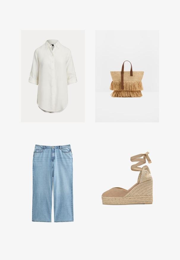 Camisa de lino blanca con diseño de botones, mangas largas remangadas, dobladillo curvado y cuello clásico. Textura sutil, tela suave.; Culottes de mezclilla azul claro con cintura alta, piernas anchas y diseño de cinco bolsillos, con costuras en contraste y cierre de botón.; Espardeña de cuña de lona beige con plataforma de yute trenzado y cintas para atar al tobillo, con contrafuerte tejido.; Bolso tote tejido de paja con dos capas de flecos de paja y asas de cuero marrón, colocado de pie sobre una superficie blanca.