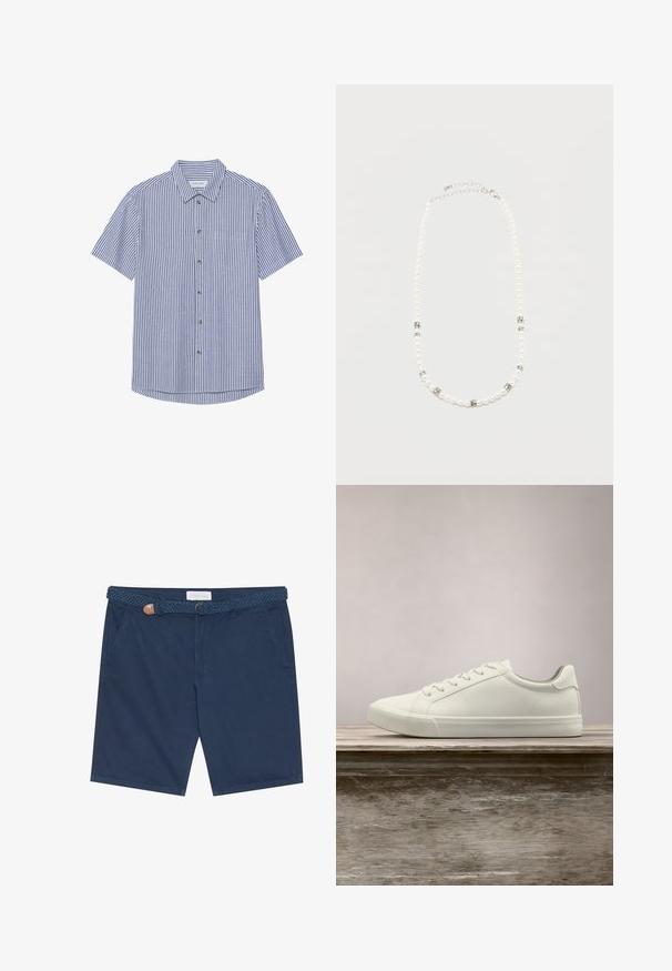 Short-sleeve button-up shirt with blue and white vertical stripes, a pointed collar, and a left chest pocket. Smooth fabric texture.; Navy blue shorts made of cotton, featuring a braided belt with a brown leather accent, side pockets, and a straight cut.; White lace-up sneaker hovering above wooden bench with green foliage in the background, showcasing shoe design and texture.; White pearl necklace with silver rhinestone spacers and a silver chain clasp, displayed against a plain light background.