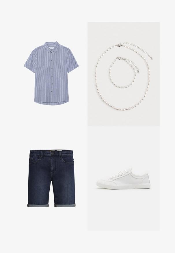 Kurzärmeliges Hemd mit blauen und weißen vertikalen Streifen, einem spitzen Kragen und einer Brusttasche links. Glatte Stoffstruktur.; Dunkelblaue Denim-Shorts mit klassischem Fünf-Taschen-Design, umgeschlagenem Saum und Knopfverschluss. Glatte Textur.; Weiße Sneakers mit einem Obermaterial aus glattem Leder, runder Zehenpartie, flacher Gummisohle und sechs Ösen für die Schnürsenkel. Subtile Nähdetails, minimalistisches Design.; Perlenkette und passendes Armband mit Silberkettenverschlüssen auf einem weißen Hintergrund arrangiert.