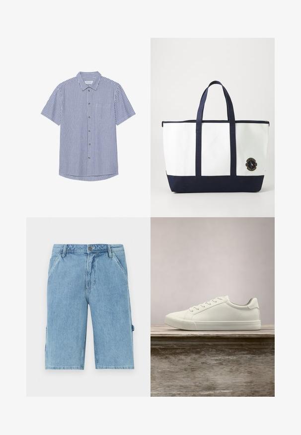 Kortærmet knap-op skjorte med blå og hvide lodrette striber, en spids krave og en venstre brystlomme. Glat stoftekstur.; Lyseblå denimshorts med lige skæring, der har frontlommer og en sidelomme til cargo, med en slidset tekstur og bæltestropper i taljen.; Hvide snørresneakers svævende over en træbænk med grønne planter i baggrunden, der fremhæver skodesign og tekstur.; Tote bag lavet af hvidt lærred med marineblå accenter. Har to robuste håndtag og et logo-patch på fronten. Firkantet form.