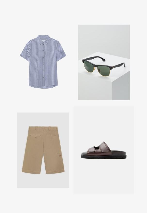 Kurzärmeliges Hemd mit blauen und weißen vertikalen Streifen, einem spitzen Kragen und einer Brusttasche links. Glatte Stoffstruktur.; Helle braune Shorts mit flachem Bund, zwei Gesäßtaschen und einer Seitentasche. Aus glattem Baumwollstoff gefertigt.; Braune Ledersandale mit zwei verstellbaren Klettverschlüssen und einer schwarzen gepolsterten Sohle auf weißem Hintergrund.; Ray-Ban Sonnenbrillen mit grünen Gläsern, schwarzen Kunststoffrahmen und goldenen Akzenten an den Rändern. Quadratische Form mit matter Oberfläche.