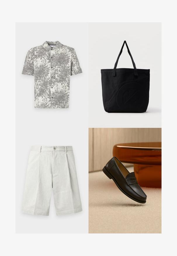Chemise à manches courtes avec motif abstrait noir et blanc. Comprend un col et des boutons sur le devant, fabriquée en tissu léger.; Shorts gris clair en tissu texturé, dotés d'une fermeture à bouton, de plis et d'une coupe droite, adaptés à une tenue décontractée.; Chaussure mocassin en cuir noir suspendue au-dessus d’un tapis beige avec du mobilier moderne couleur ambre en arrière-plan.; Sac fourre-tout en toile noire avec deux bandoulières et un motif circulaire discret en relief sur le devant.