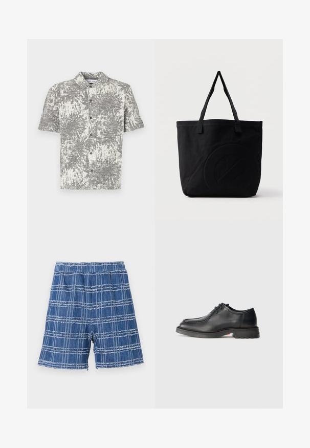 Kurzärmliges Hemd mit Knopfleiste und einem schwarz-weißen abstrakten Muster. Verfügt über einen Kragen und vordere Knöpfe, hergestellt aus leichtem Stoff.; Denim-Shorts mit fransigem Saum, die ein blaues Karomuster aufweisen. Elastischer Bund, gerader Schnitt und weiche Textur.; Schwarzer Lederschuh mit glatter Textur, abgerundetem Zehenbereich und flacher, geprägter Naht. Dicke Gummisohle mit leichtem Absatz und rutschfester Musterung.; Schwarze Canvas-Shopper-Tasche mit zwei Schulterriemen und einem dezenten, eingeprägten kreisförmigen Design auf der Vorderseite.