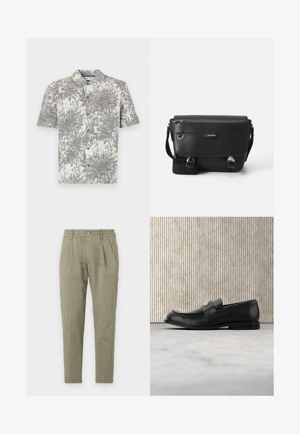Chemise à manches courtes avec motif abstrait noir et blanc. Comprend un col et des boutons sur le devant, fabriquée en tissu léger.; Pantalon tapered vert clair en tissu texturé, avec fermeture à bouton, devant plissé et poches latérales.; Mocassin en cuir noir avec une plaque de marque en métal reposant près d'une table ronde marron sur un sol recouvert de moquette beige.; Sac messager Lacoste noir texturé avec bandoulière ajustable, rabat avant, poche zippée et fermetures à boucle en métal.