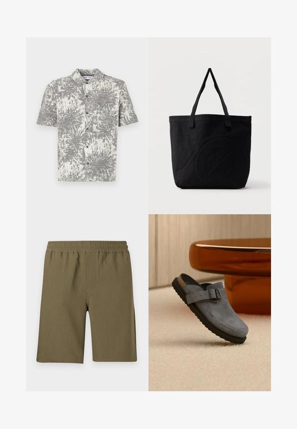 Chemise à manches courtes avec motif abstrait noir et blanc. Comprend un col et des boutons sur le devant, fabriquée en tissu léger.; Samsøe Samsøe SMITH - Short - four leaf clover; Sabot en daim gris à enfiler avec semelle noire et bride réglable à boucle, reposant sur un tapis beige près d'un pied de table arrondi marron.; Sac fourre-tout en toile noire avec deux bandoulières et un motif circulaire discret en relief sur le devant.