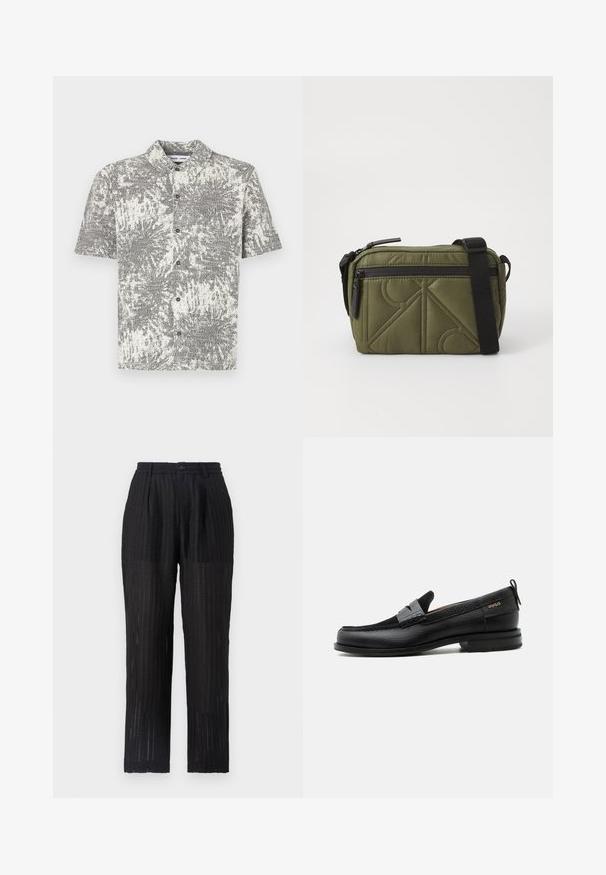 Camisa de manga corta con botones y un patrón abstracto en blanco y negro. Cuenta con cuello y botones delanteros, confeccionada en una tela ligera.; Pantalones negros de pliegues con una tela texturada y con patrón. Presentan una cintura elástica y cierre de botón, diseño de pierna recta.; Mocasín de cuero negro con detalle de tira gris, tacón bajo y suela texturizada, con la marca "HUGO" en oro en el lateral.; Bolso de tela acolchada de color verde olivo con una correa negra, que cuenta con un cierre superior de cremallera y un bolsillo exterior con cremallera adornado con patrones geométricos.