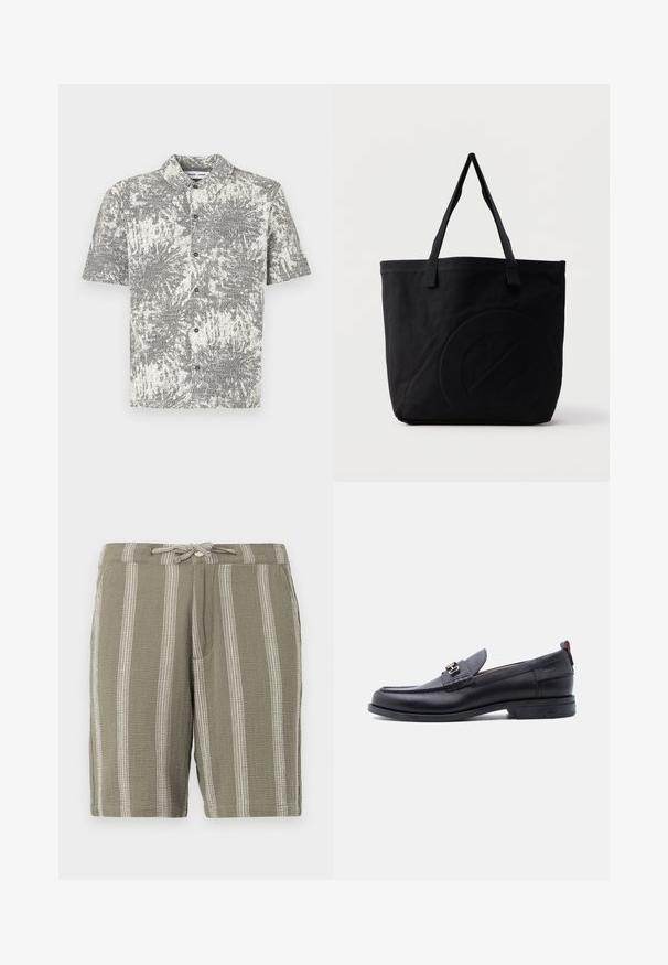 Camisa de manga corta con botones y un patrón abstracto en blanco y negro. Cuenta con cuello y botones delanteros, confeccionada en una tela ligera.; Pantalones cortos verdes de tela texturizada, con rayas blancas verticales, una cinturilla ajustable con cordón y bolsillos laterales inclinados.; Mocasín de cuero negro con empeine gris texturizado, detalle de hebilla metálica plateada, tacón bajo y lengüeta para tirar en la parte trasera.; Bolsa tote de lona negra con dos correas para el hombro y un diseño circular en relieve sutil en el frente.