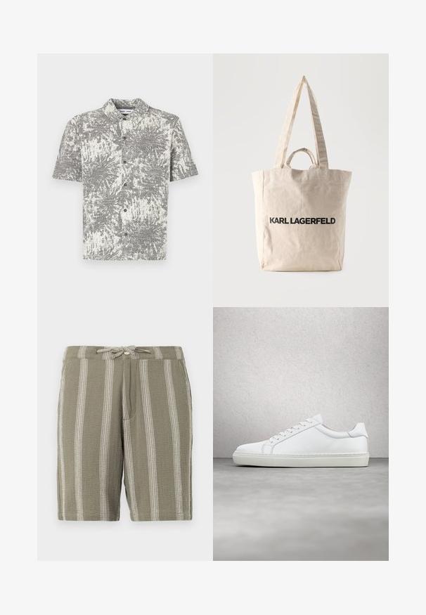 Camisa de manga corta con botones y un patrón abstracto en blanco y negro. Cuenta con cuello y botones delanteros, confeccionada en una tela ligera.; Pantalones cortos verdes de tela texturizada, con rayas blancas verticales, una cinturilla ajustable con cordón y bolsillos laterales inclinados.; Zapatilla blanca con parte superior de cuero liso y perfil bajo. Presenta una puntera redondeada, seis ojales y una suela de goma texturizada.; Bolso tote de lona beige con asas largas y cortas, con el texto "KARL LAGERFELD" impreso en letras negras gruesas en el frente.