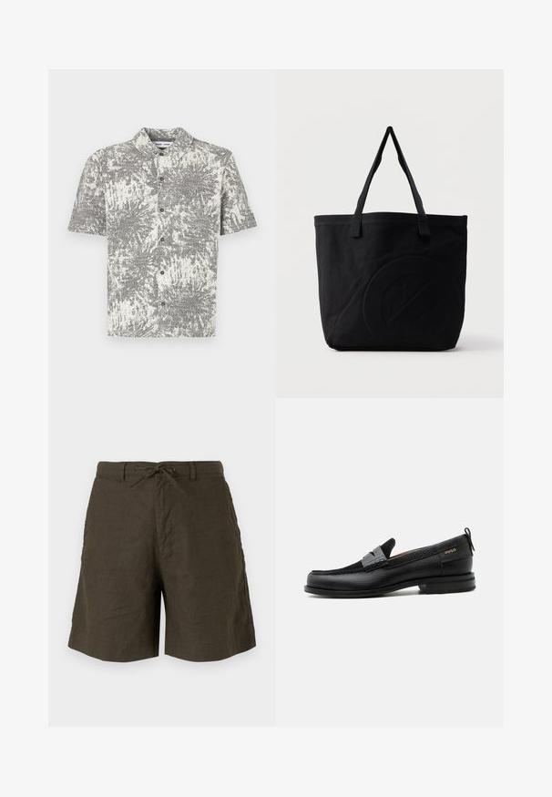 Chemise à manches courtes avec motif abstrait noir et blanc. Comprend un col et des boutons sur le devant, fabriquée en tissu léger.; Shorts en khaki en lin, avec une taille à cordon, des poches latérales et une coupe décontractée avec une texture lisse.; Mocassin en cuir noir avec détail de bride grise, talon bas et semelle texturée, marqué "HUGO" en or sur le côté.; Sac fourre-tout en toile noire avec deux bandoulières et un motif circulaire discret en relief sur le devant.