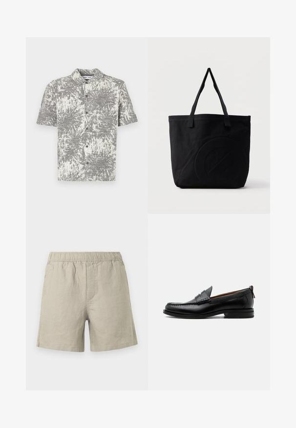Chemise à manches courtes avec motif abstrait noir et blanc. Comprend un col et des boutons sur le devant, fabriquée en tissu léger.; Shorts en lin beige clair avec une taille élastique, dotés d'une coupe droite et de détails de couture latérale. Texture lisse et respirante.; Mocassin homme en cuir noir avec couture moc toe, bride penny, col texturé et petit talon empilé sur fond blanc.; Sac fourre-tout en toile noire avec deux bandoulières et un motif circulaire discret en relief sur le devant.