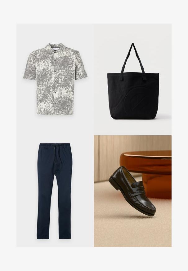 Chemise à manches courtes avec motif abstrait noir et blanc. Comprend un col et des boutons sur le devant, fabriquée en tissu léger.; Pantalons en coton bleu marine avec une taille élastique et un cordon de contraste. Conception à jambe droite avec une texture lisse et sans motifs supplémentaires.; Mocassin en cuir noir brillant avec un détail de bride, posé sur un tapis beige près d'une table basse ronde en bois brun dans une pièce doucement éclairée.; Sac fourre-tout en toile noire avec deux bandoulières et un motif circulaire discret en relief sur le devant.