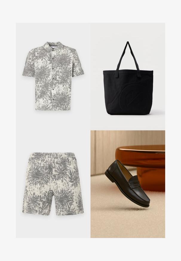 Chemise à manches courtes avec motif abstrait noir et blanc. Comprend un col et des boutons sur le devant, fabriquée en tissu léger.; Shorts en tricot crème et noir avec un motif texturé et abstrait. La taille élastique offre confort et facilité d'enfilage.; Chaussure mocassin en cuir noir suspendue au-dessus d’un tapis beige avec du mobilier moderne couleur ambre en arrière-plan.; Sac fourre-tout en toile noire avec deux bandoulières et un motif circulaire discret en relief sur le devant.