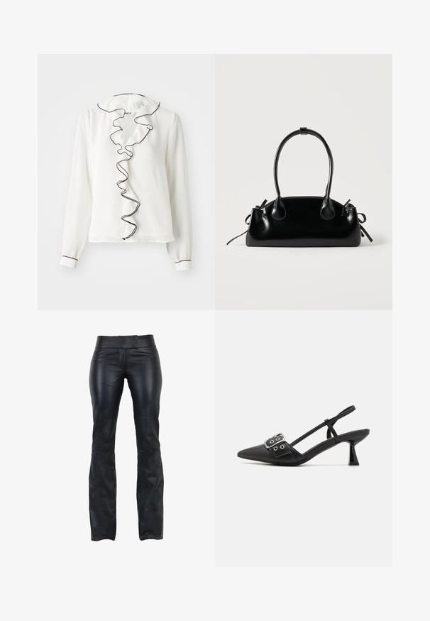 Hvid langærmet blouse med en rynket krave og placket omkranset af sort. Blød tekstur, almindelig pasform, elastiske manchetter.; Sorte læderbukser med slim fit, flad talje og udskæring i bunden. Glat tekstur og minimalistisk design uden synligt hardware.; Simmi London DALA - Pumps - black; Lille sort blank håndtaske med to lange håndtag og snøre-detaljer i siden på en ensfarvet lys baggrund.