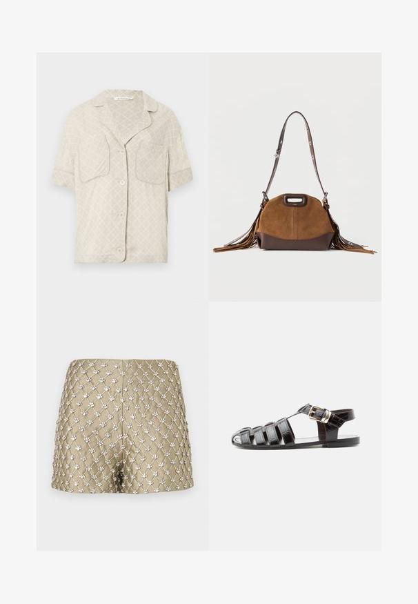 Chemise à manches courtes boutonnée en beige clair avec un motif en losange, deux poches poitrine et un col en V. Texture de tissu lisse.; Shorts dorés présentant un motif en treillis diamant avec des ornements décoratifs de couleur argentée, un tissu lisse et une coupe ajustée.; Sandale de pêcheur en cuir noir avec bout ouvert, multiples brides et fermeture à boucle dorée sur une semelle plate, vue de profil.; Sac à main en daim marron avec une forme incurvée, un accent en cuir marron foncé à la base, et des franges sur les côtés. Il possède une anse supérieure et une sangle décorative.