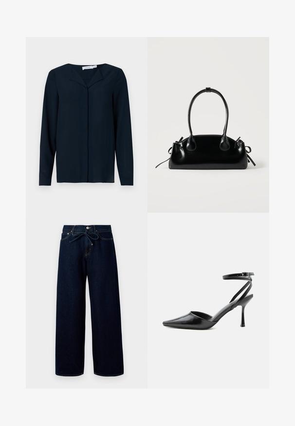Navyblauwe blouse met lange mouwen gemaakt van lichte stof, met een v-hals, knoopsluiting en een zachte textuur.; Donkerblauwe wijde jeans van denim, met een sluiting met knoppen aan de voorkant en een trekkoord in de taille, versierd met contrasterende stikdetails.; Zwarte pumps met puntige neus, dunne enkelbandjes en een zilveren gesp op een effen lichte achtergrond.; Kleine zwarte glanzende handtas met twee lange hengsels en zijkant trekkoord details op een effen lichte achtergrond.