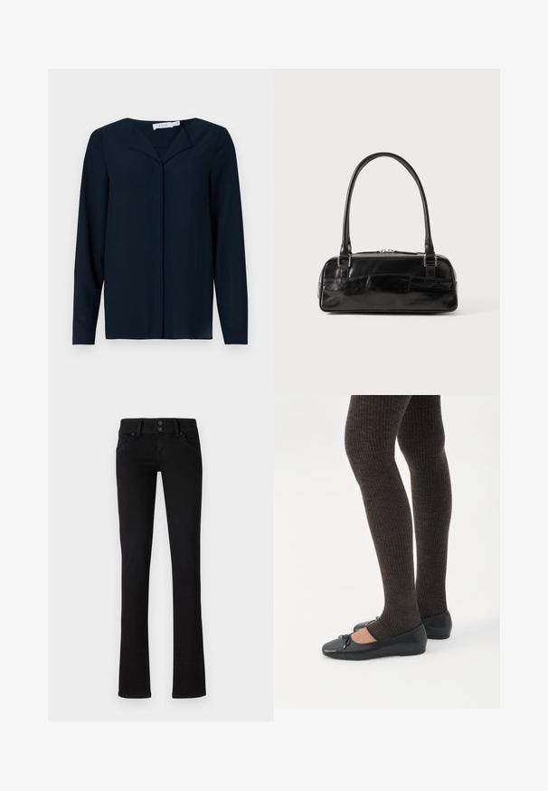 Námornícky modrá blúzka s dlhým rukávom vyrobená z ľahkej látky, s výstrihom do V, zapínaním na gombíky a hladkou textúrou.; Čierne slim-fit džínsy s dvoma prednými vreckami, pútkami na opasok a dvojitým zapínaním, vystavené na jednoduchom bielom pozadí.; Nohy v tmavých pásikavých legínach v kombinácii s čiernymi balerínkami s malými mašličkami na bielom pozadí.; Čierna kožená kabelka obdĺžnikového tvaru, vybavená jednou pevnou rukoväťou, strieborným kováním a zipsom. Hladký povrch.