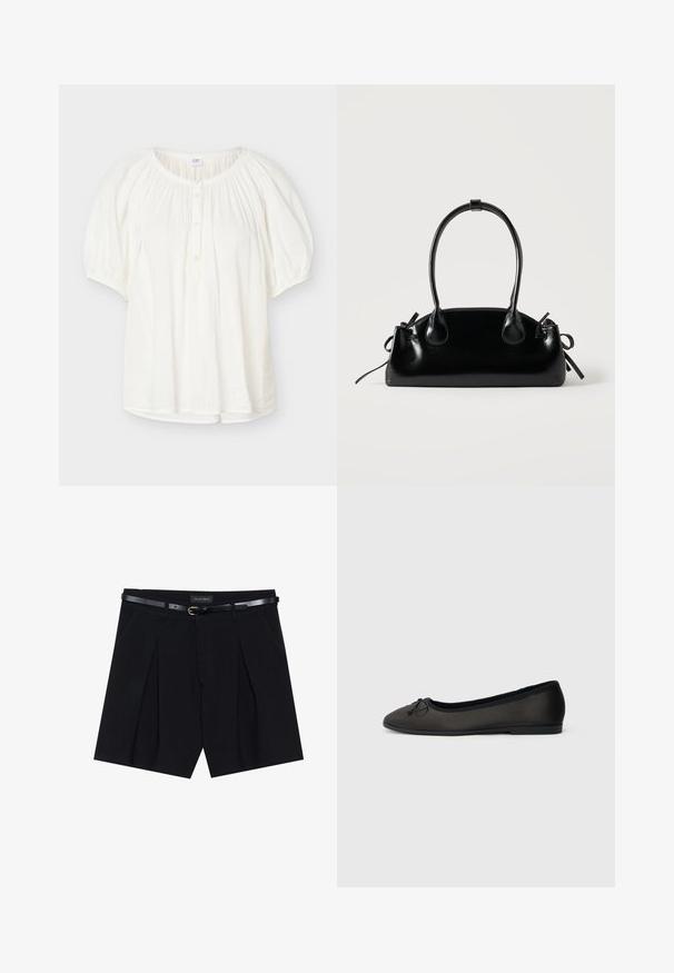 Witte blouse met korte mouwen met elastische pofmouwen, ronde halslijn, knoopsluiting aan de voorzijde en zachte geplooide stofdetails.; Zwarte op maat gemaakte shorts met plooien, voorzien van een slanke zwarte riem met een gouden gesp. Gemaakt van een soepele stof, die een verfijnde uitstraling biedt.; Zwarte ballerina's met een gladde matte afwerking, ronde neus en een decoratieve strik aan de voorkant. Voorzien van een lage, platte hak.; Kleine zwarte glanzende handtas met twee lange hengsels en zijkant trekkoord details op een effen lichte achtergrond.
