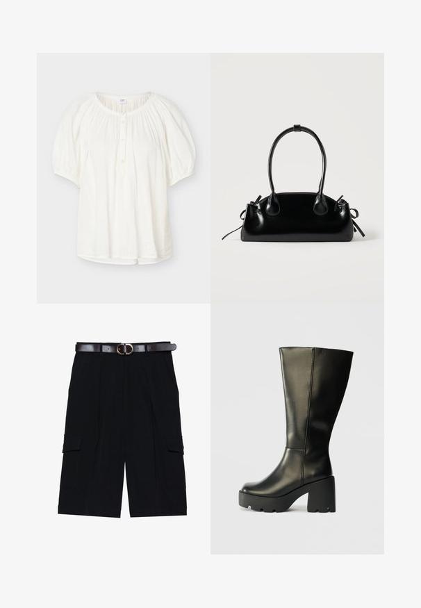 Blusa blanca de manga corta con mangas abullonadas elásticas, cuello redondo, tapeta frontal con botones y detalles suaves de tela fruncida.; Pantalones cortos cargo negros hechos de una tela ligera, con un corte recto, bolsillos laterales y un cinturón de cuero marrón con una hebilla de plata.; Bota de cuero negra hasta la rodilla con un tacón de plataforma chunky texturizado negro. Presenta una superficie lisa y un diseño vertical elegante.; Pequeño bolso negro brillante con dos asas largas y detalles de cordón lateral sobre un fondo claro liso.