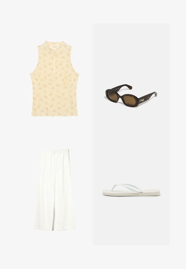 Haut beige sans manches avec un petit motif floral jaune, col montant et une courte fermeture éclair devant au centre.; Pantalon en lin blanc à jambes larges avec taille élastique et cordon de serrage, doté de poches latérales et d'une fente à l'avant.; Havaianas SLIM SQUARE - Sandales tongs - white; Lunettes de soleil en écaille de tortue avec des montures ovales, des verres teintés bruns et le logo "Chloé" sur la branche. Matériau en plastique lisse avec finition brillante.