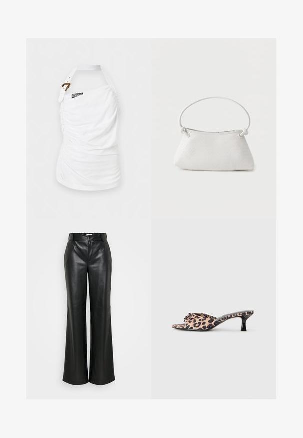 Haut asymétrique blanc froncé à col licou avec large bande munie d'une boucle dorée et patch logo Versace Jeans Couture.; ONLY Tall ONLSMOOTH WIDE - Pantalon classique - black; Mules en imprimé léopard avec un petit talon aiguille noir. Tige en tissu doux avec un détail de nœud à l'avant et une semelle plate lisse.; Sac à main en cuir tressé blanc avec poignée arrondie et extrémités de lanière nouées, présenté sur un fond uni.
