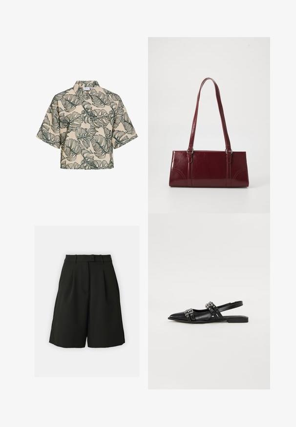 Beige korte mouwen blouse met knopen, groot groen tropisch bladmotief en een opstaande kraag.; Vero Moda Tall VMBECCA BERMUDA - Shorts - black; Even&Odd by Zalando Slingback ballerina´s - black; Bourgondische handtas van glanzend materiaal, rechthoekige vorm, met twee schouderbanden en subtiele gebogen accenten aan de voorkant.
