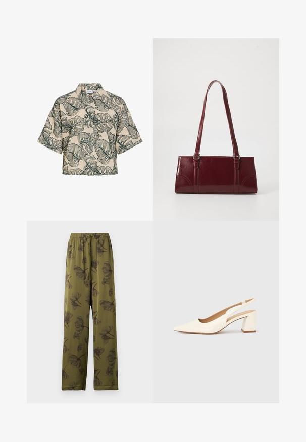 Beige korte mouwen blouse met knopen, groot groen tropisch bladmotief en een opstaande kraag.; Olijfgroene wijde broek met elastische tailleband en zwart bloemenprint.; Slingback pump van glanzend crèmekleurig lakleer, met een spitse neus en een stevige blokhak voor stabiliteit. Minimalistisch ontwerp, zonder versieringen.; Bourgondische handtas van glanzend materiaal, rechthoekige vorm, met twee schouderbanden en subtiele gebogen accenten aan de voorkant.
