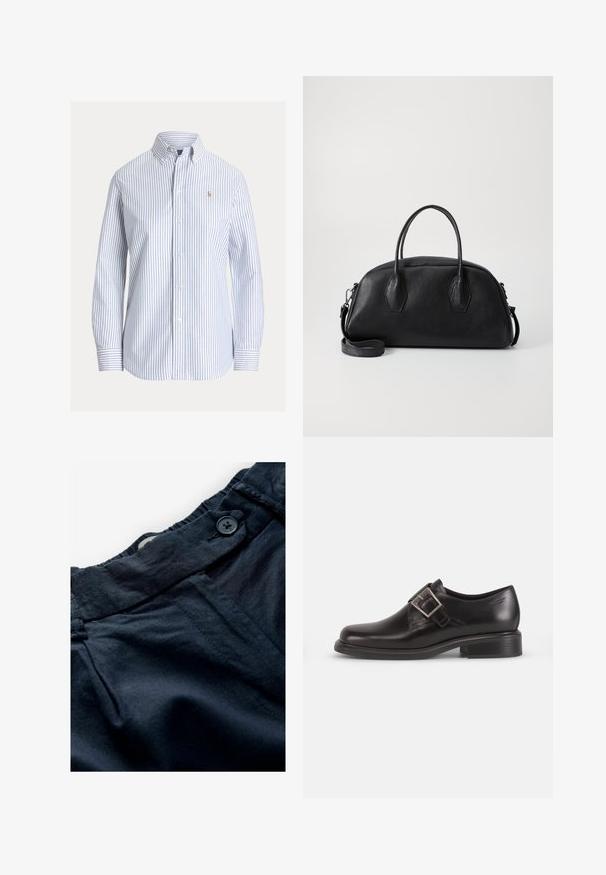 Chemise blanche boutonnée avec des rayures verticales bleu clair, col boutonné et petit logo brodé sur la poitrine gauche.; Pantalons bleu marine en tissu léger avec une ceinture plate, fermeture à bouton et texture subtile. Comprend des poches et des détails de couture.; Chaussure habillée en cuir noir avec un bout arrondi, détail de boucle de ceinture sur le côté et semelle texturée, posée sur un fond blanc uni.; Sac à main en cuir noir avec une forme arrondie, deux poignées supérieures, surface texturée et bandoulière amovible. Deux accents hexagonaux sur les côtés.