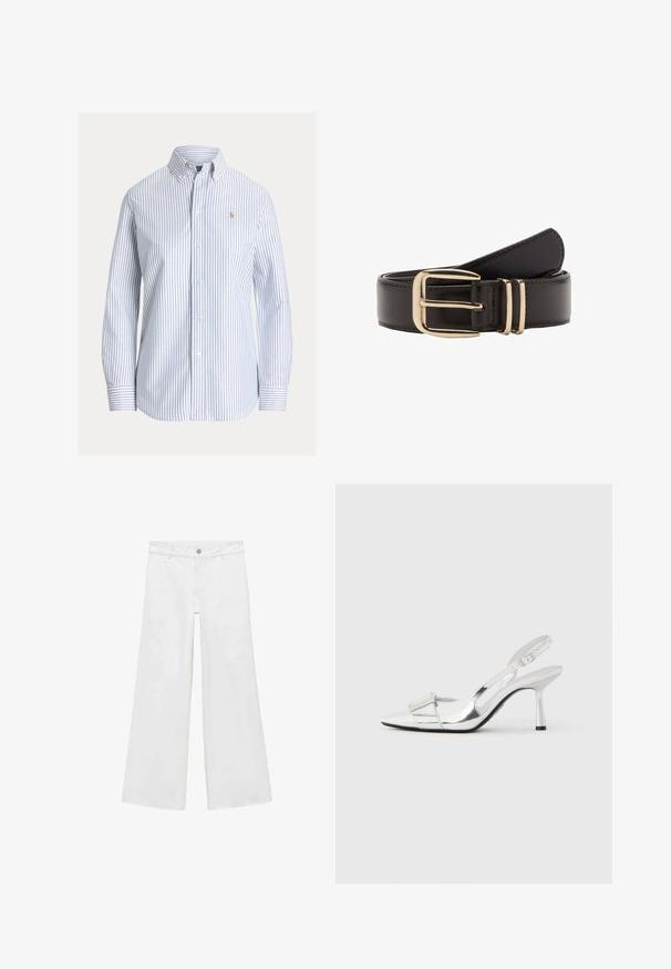 Chemise blanche boutonnée avec des rayures verticales bleu clair, col boutonné et petit logo brodé sur la poitrine gauche.; Jean blanc à jambes larges, avec une fermeture à boutons et cinq poches, confectionné dans un denim à la texture lisse, arborant un design classique.; Escarpins argentés à bride arrière avec un bout pointu, une finition brillante et un accent rectangulaire sur le devant, dotés d'un talon fin et d'une bride ajustable.; Ceinture en cuir noir avec une boucle en métal doré à deux pattes, texture lisse et couture nette le long des bords.