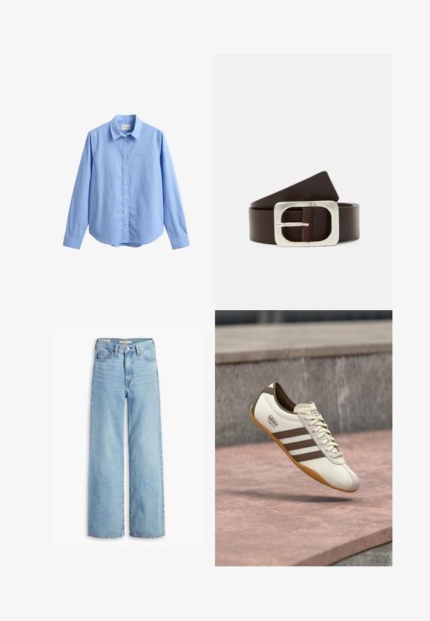 Chemise bleu clair à manches longues avec col, logo discret de la marque sur la poitrine et sept boutons blancs à l'avant.; Jean large taille haute en denim bleu clair avec fermeture à bouton et zip à l'avant, passants de ceinture et cinq poches.; Baskets blanches avec accents marron et trois bandes, dotées d’un bout en daim, de lacets crème et d’une semelle en caoutchouc gomme. Logo de la marque affiché.; Ceinture en cuir marron avec une boucle rectangulaire en argent et une texture lisse, dotée d'une extrémité effilée pour un ajustement de taille.