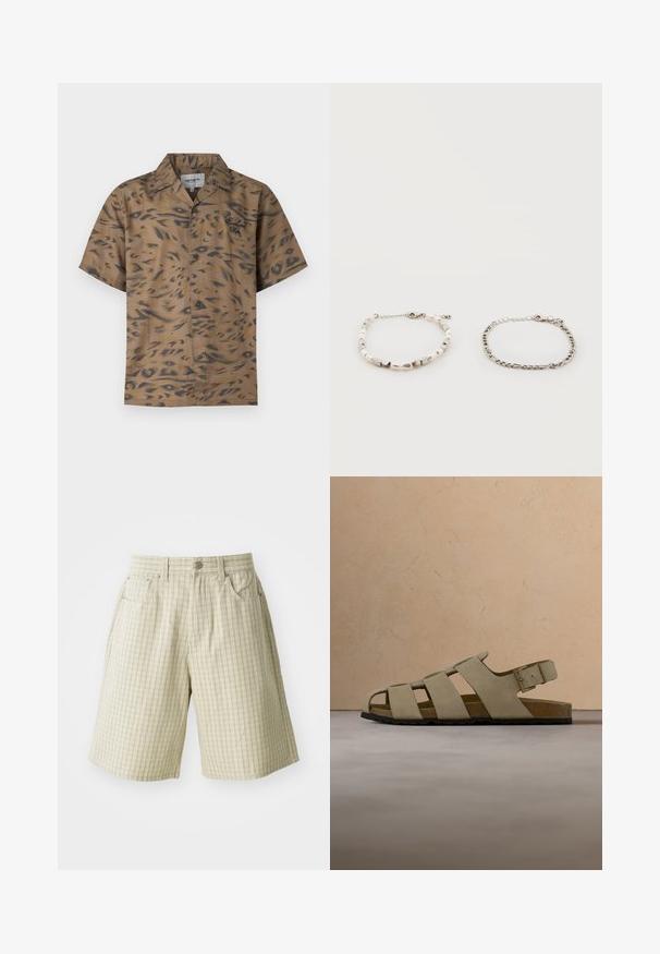 Braunes kurzärmeliges Hemd mit Knopfleiste, dunklem abstraktem Leopardenmuster und "Carhartt Wip" Stickerei auf der linken Brust.; Beige karierte Shorts aus leichtem Stoff, ausgestattet mit zwei Seitentaschen, einem Knopfverschluss und einem entspannten Schnitt.; Beige Wildledersandale mit drei Riemen, Schnalle, Korksohle, schwarzer Laufsohle, schwebend über einem gewebten beigen Teppich, einem Holztisch und einer Couch im Hintergrund.; Zwei Armbänder auf weißem Hintergrund: eines mit Perlen- und Silberperlenkette, das andere eine dünne Silberkette mit Verschluss.