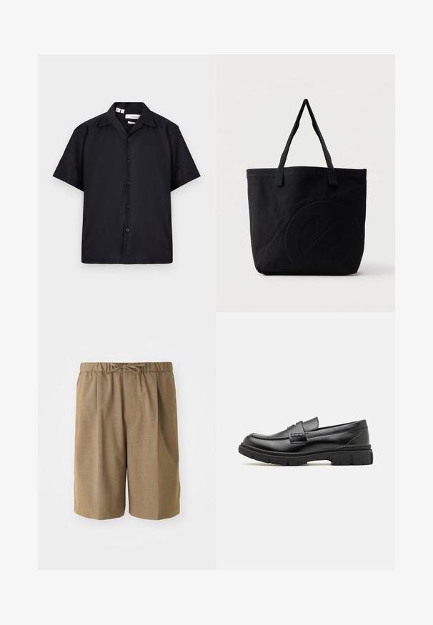 Chemise noire à manches courtes avec boutons et col, présentée à plat sur un fond blanc.; Shorts plissés marron avec une taille élastique et un cordon de serrage ajustable. Fabriqués dans un tissu léger et lisse avec des jambes droites.; Mocassin en cuir noir avec une large sangle sur le devant, semelle en caoutchouc à épaisse rainure, et texture lisse. Design classique et élégant.; Sac fourre-tout en toile noire avec deux bandoulières et un motif circulaire discret en relief sur le devant.