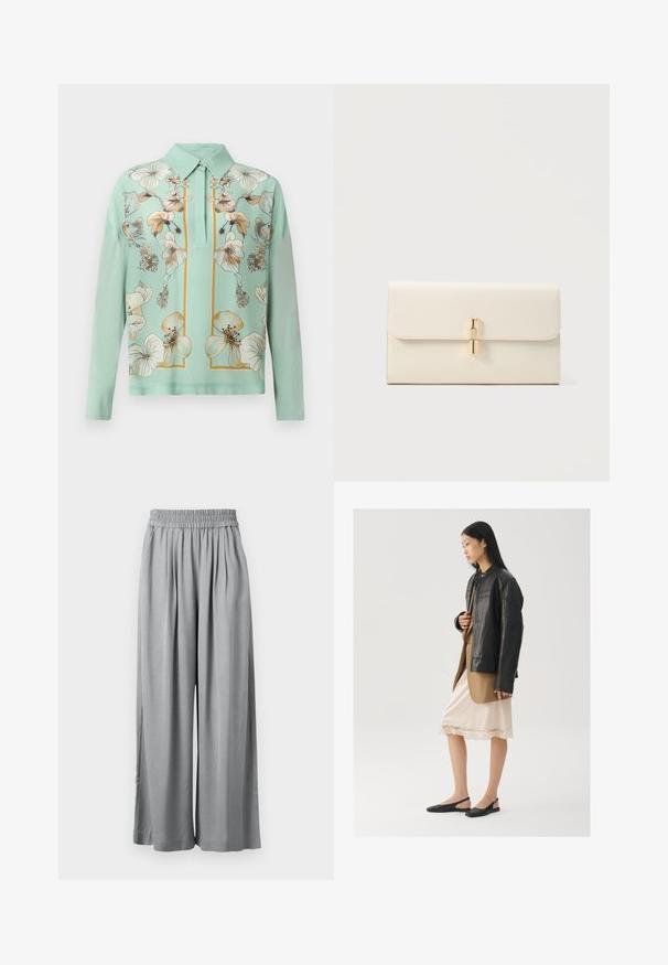 Polo de manga larga color verde menta con estampado floral beige y blanco y cuello abotonado, mostrado sobre un fondo blanco.; Pantalones de pierna ancha en gris claro con cintura elástica y pliegues sutiles, mostrados extendidos sobre un fondo blanco.; Chaqueta de cuero negra sobre una blusa marrón, combinada con un vestido camisón color crema claro con ribete de encaje y zapatos slingback negros.; Clutch rectangular beige con solapa plegable y cierre vertical de barra en tono dorado centrado en la parte delantera.