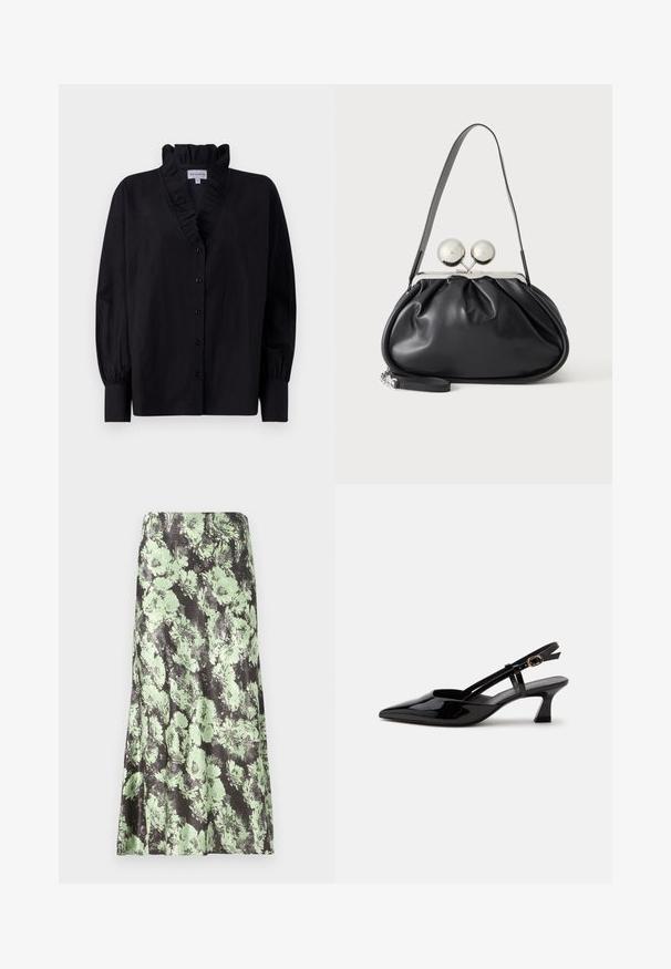 Zwarte blouse met een gefronste kraag en lange, opgeblazen mouwen. Heeft een knoopsluiting aan de voorkant en een losse pasvorm in een soepele stof.; Bloemenrok met een zwarte basiskleur en lichtgroene bloemenpatronen. Materiaal lijkt glad met een licht glanzende textuur en een uitlopende vorm.; Zwarte lakleren slingback kitten heel schoen met spitse neus en verstelbare gouden gespsluiting op een witte achtergrond.; Zwarte leren handtas met een geplooid ontwerp, een enkele schouderband, zilverkleurige metalen omlijsting en twee grote ronde zilveren sluitingen.