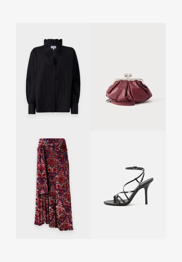 Blusa negra con cuello volante y mangas largas abullonadas. Presenta un cierre de botones en la parte delantera y un corte holgado en una tela suave.; Rabanne Falda larga - tapestry/navy/burgundy/red/cream; Sándalo negro de tacón alto con tiras finas, hebilla en el tobillo, superficie de cuero suave y tacón de aguja esbelto.; Pequeño bolso de mano de cuero burdeos con cierre metálico plateado y correa de muñeca sobre fondo blanco.