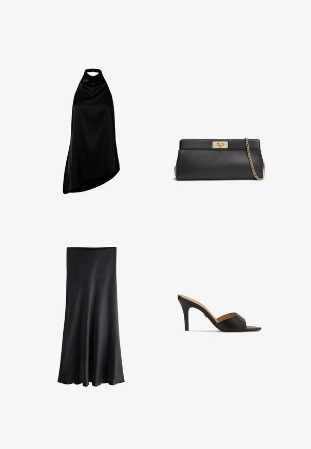 Vestido negro de satén con cuello halter, bajo asimétrico, sin mangas y escote alto con cierre de lazo en la espalda.; Falda midi de satén negro con textura lisa y ligero vuelo en el dobladillo, diseñada para un ajuste elegante y estilizado.; Zapatillas de tacón alto abiertas en la parte delantera, de color negro, con un upper de cuero suave, punta almendrada y un elegante tacón de aguja. Detalle decorativo en tono dorado visible.; Bolso de mano de cuero negro con cierre de giro metálico en tono dorado y una correa de hombro a juego con cadena dorada.