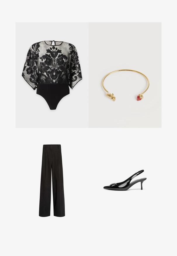 Sort gennemsigtigt bodystocking med blomstret blonde mønster på lange ærmer og øverste del af kroppen, solid sort bund og en lille knaplukning bagpå.; Sorte højtaljede vidde bukser med bæltestropper, en frontknaplukning og subtil lodret struktur.; Sorte laklæder slingback hæle med spidse tæer og en blank finish. Har en slank hæl og en rund detalje ved vampen.; Tynd åben guldbøjle med et kaninhoved i den ene ende og et rødt jordbær i den anden.