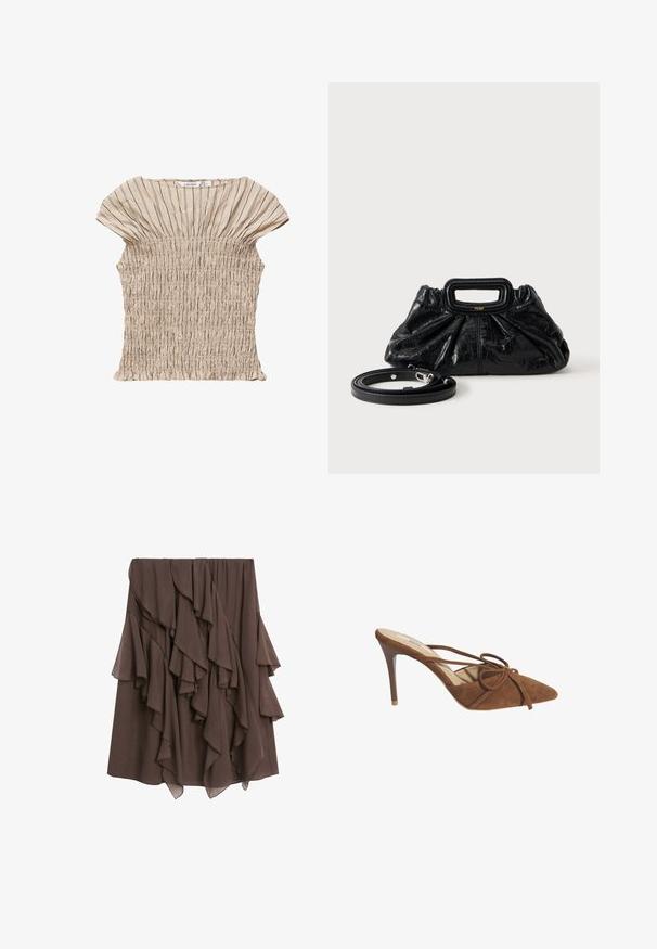 Beige blouse met korte mouwen, verticale zwarte strepen en geplooide elastische details over het lichaam en de mouwen.; Bruine midi-rok met gelaagde asymmetrische ruches en lichte stofdetails.; Desa Muiltjes met hak - brown; Kleine zwarte leren handtas met geplooide textuur, rechthoekige handgreep en afneembare dunne schouderriem ernaast geplaatst.