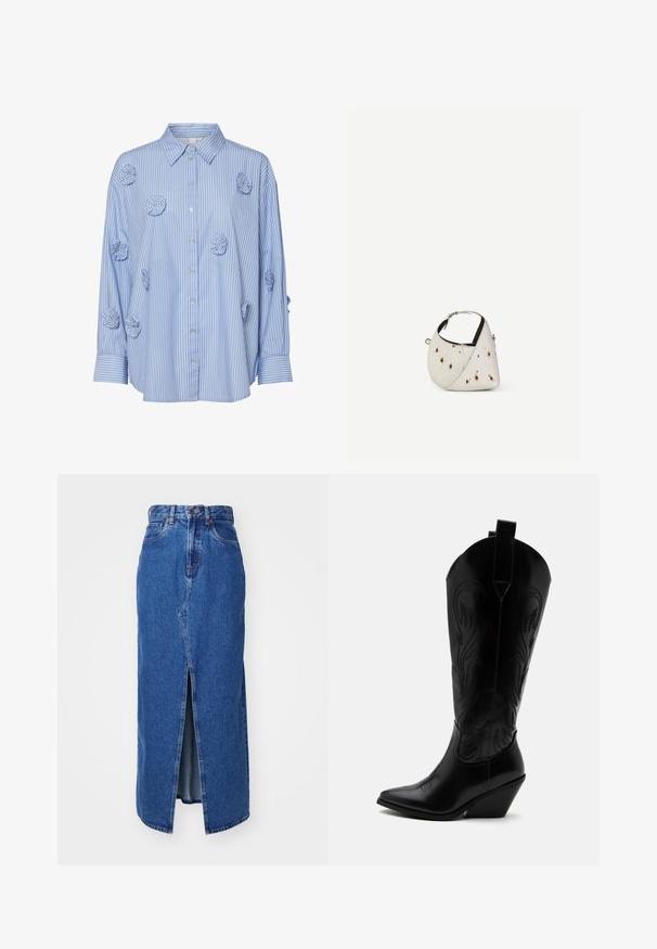 Blauw-wit gestreept shirt met kraag, voorzien van stoffen rozenapplicaties en lange mouwen, gemaakt van fijn katoen.; Denim maxi rok in medium blauw met een voorste split, hoge taille en klassiek vijf-pocket ontwerp. Geweldige contraststiksels en een ritsluiting.; Zwarte leren cowboylaars met puntige neus, schuine blokhak, decoratieve stiksels en aantreklusjes bovenaan tegen een witte achtergrond.; Kleine witte handtas met bruine vlekken, afgeronde driehoekige vorm, zwarte binnenvoering en korte verstelbare band met zilveren gesp.