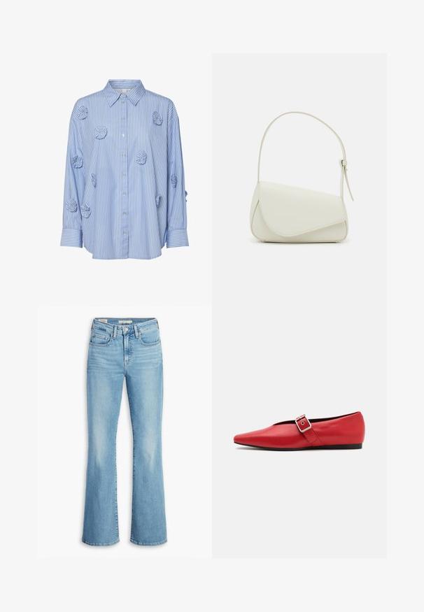Blauw-wit gestreept shirt met kraag, voorzien van stoffen rozenapplicaties en lange mouwen, gemaakt van fijn katoen.; Lichtblauwe denim flared jeans met een hoge taille, vijf zakken, subtiele kreukjes en een klassieke gestikte zoom. Soepele textuur, casual ontwerp.; Rode leren platte schoen met een spitse neus, voorzien van een zijkant band met een metalen gesp en een lage zwarte hak. Gladde textuur overal.; Witte nepleren handtas met een gestructureerde driehoekige vorm, een enkele verstelbare schouderriem en een klep met ronde accenten.