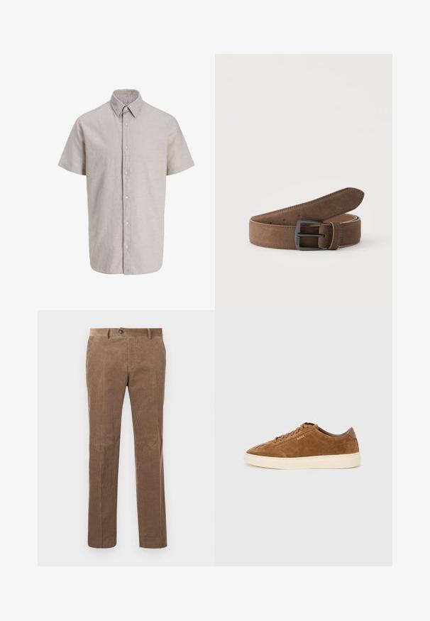 Camisa beige de manga corta con botones delanteros, cuello puntiagudo y siete botones, confeccionada en tela ligera.; Pantalones de pana marrones con textura de ribete vertical, diseño de pierna recta, cierre de un solo botón y dos bolsillos frontales.; Zapatilla de ante marrón con punta redondeada, suela de goma crema y cordones tonales. Presenta un logo en relieve en el lateral y un panel trasero liso.; Cinturón marrón de ante con hebilla metálica negra enrollado sobre un fondo claro y liso.